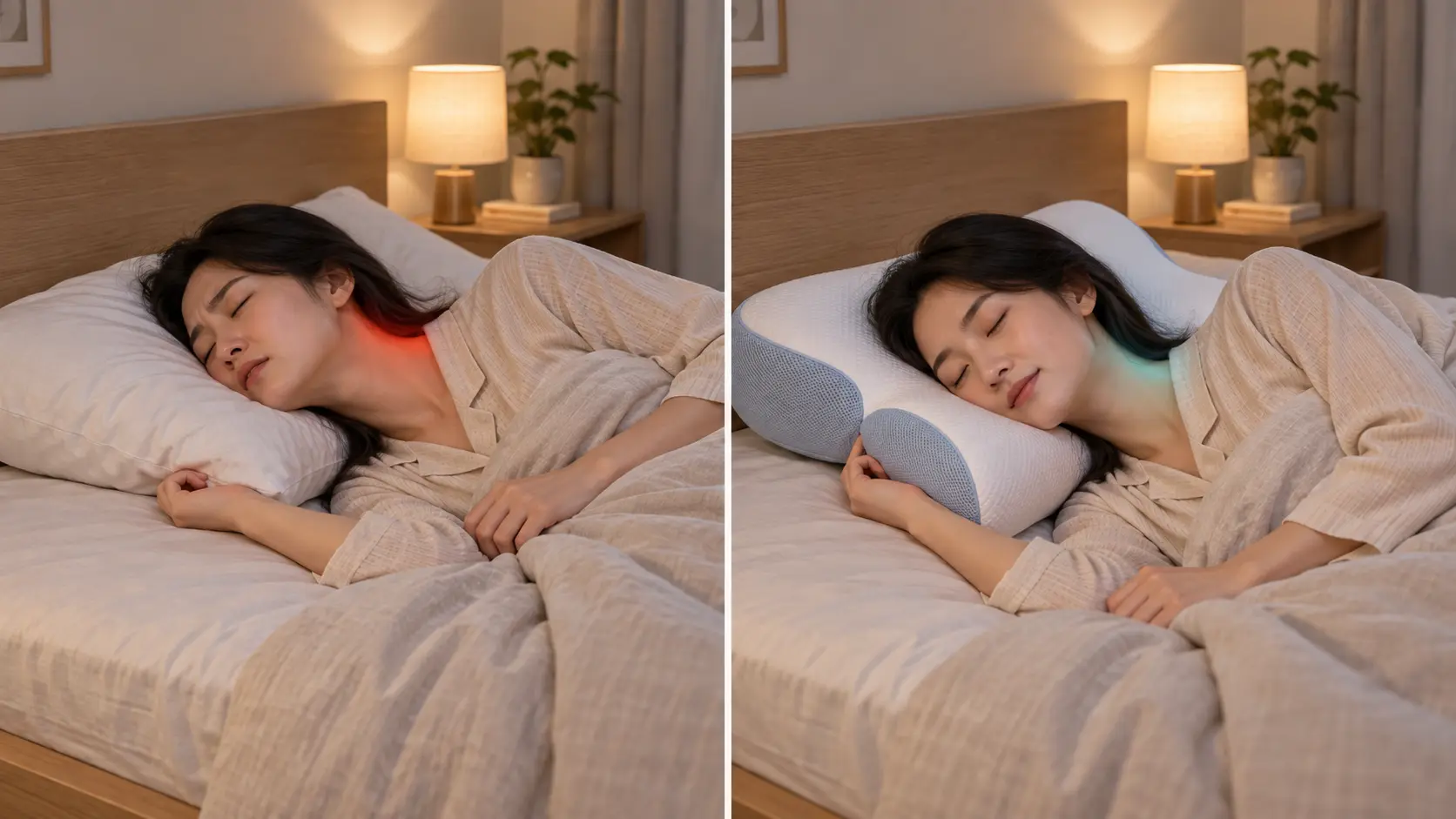 So sánh tư thế nằm trên gối thường bị xẹp và gối công thái học nâng đỡ tốt hơn