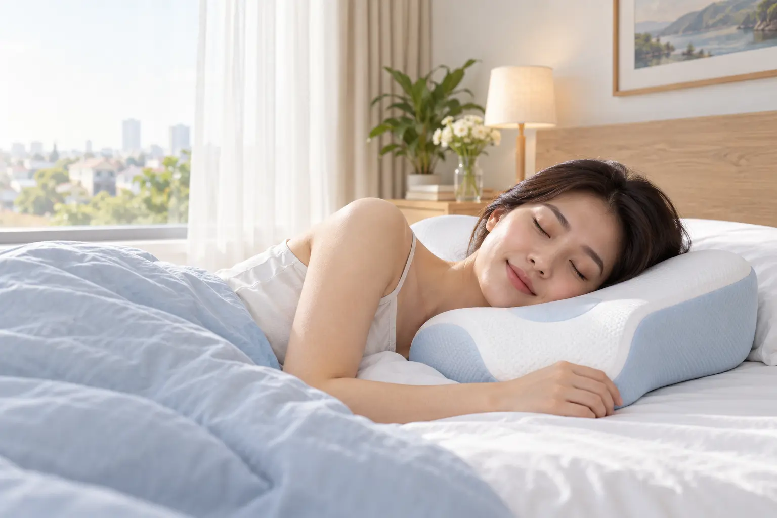 Người phụ nữ Việt nằm nghiêng thoải mái trên gối công thái học An Nhiên