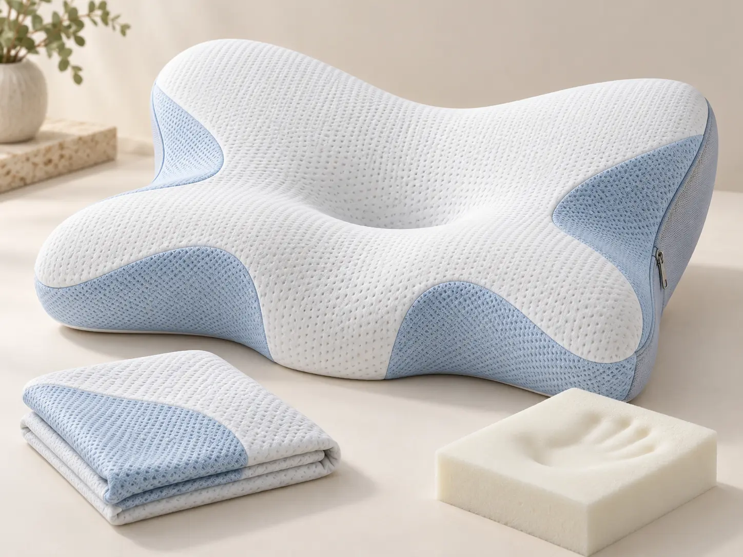 Cận cảnh gối công thái học An Nhiên, vỏ gối và mẫu memory foam